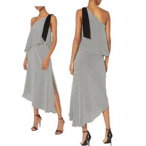 J3. Halston Heritage Striped One-Shoulder Asymmetric Cocktail Dress, Black/White